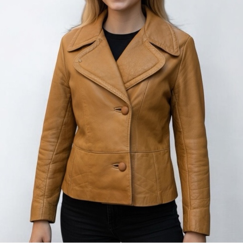 Vintage 70’s Sears Cropped Fitted Leather Jacket In Tobacco | Size M